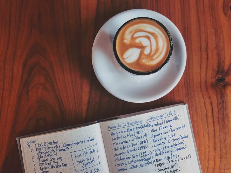 Journaling with a cup of coffee on a wooden table