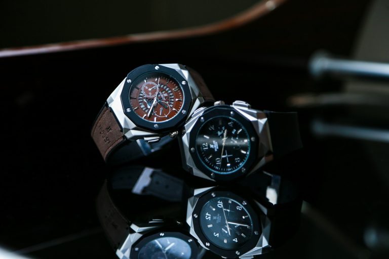 Silver and black chronograph watch