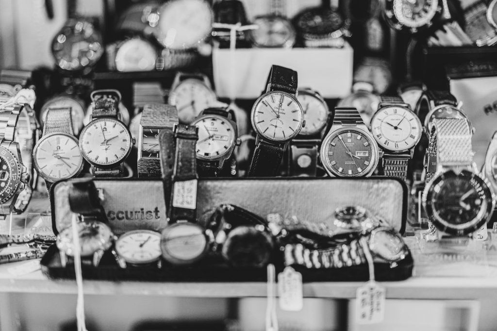 Collection of vintage wristwatches on display