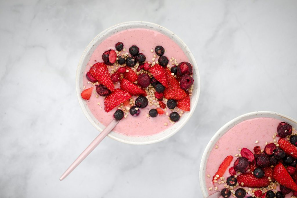 Strawberry smoothie bowl with dried fruit