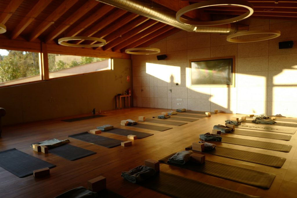 Large studio room lined with yoga mats
