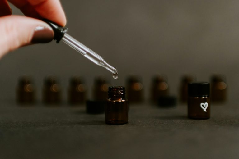 Brown tinted glass essential oil bottle
